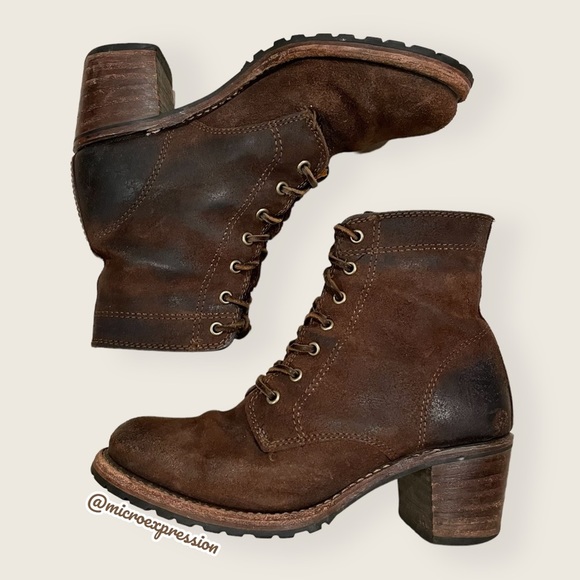 $428 Frye Sabrina 6G Lace Up Dark Brown Real Leather Suede Moto Combat Moto Boot - Picture 12 of 13